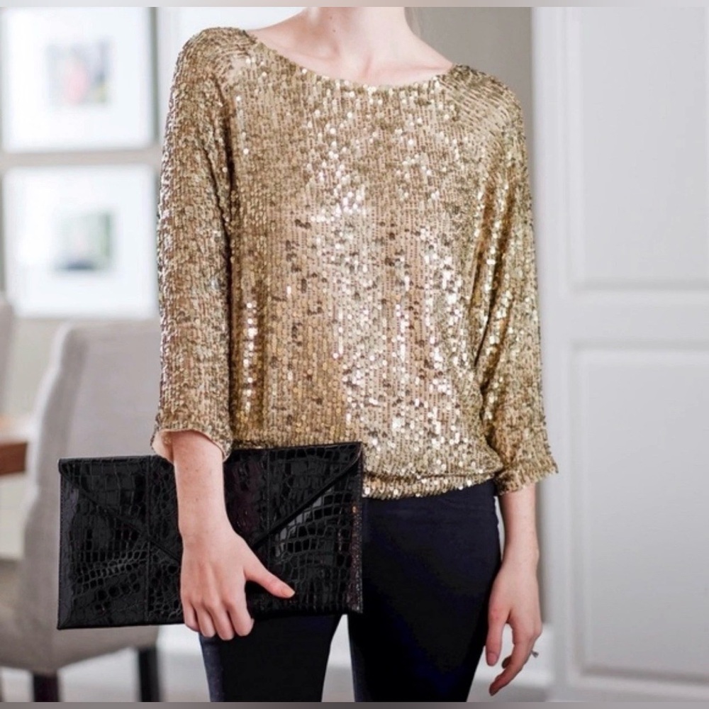 Vince Champagne Gold Sequin Blouse Dolman Style 3/4 Sleeves Size:Medium‎
